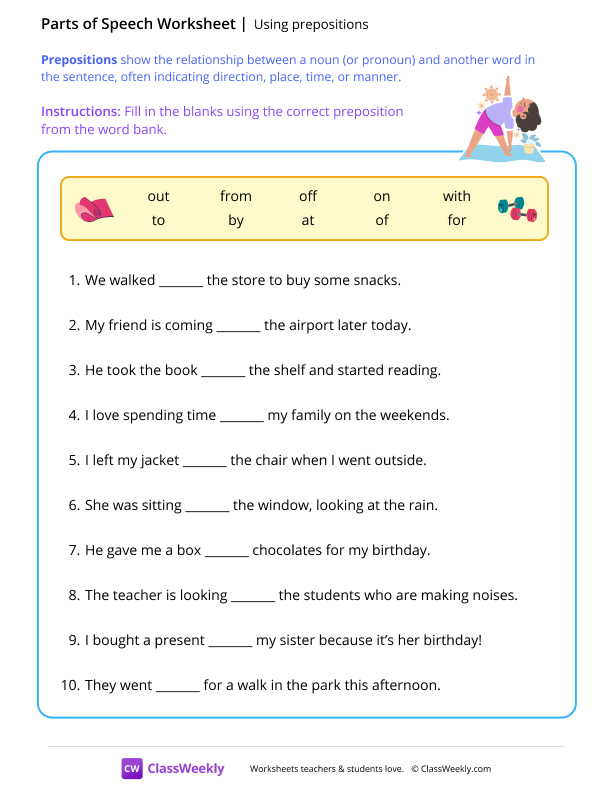 Using prepositions - Workout worksheet preview
