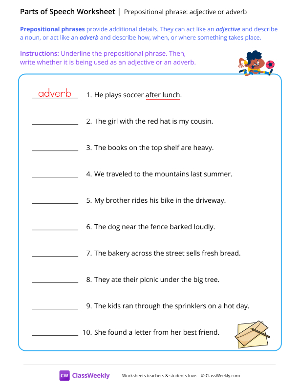 Prepositional phrase (adjective or adverb) - Soccer worksheet preview