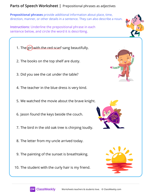 Prepositional phrases as adjectives - Doughnut worksheet preview