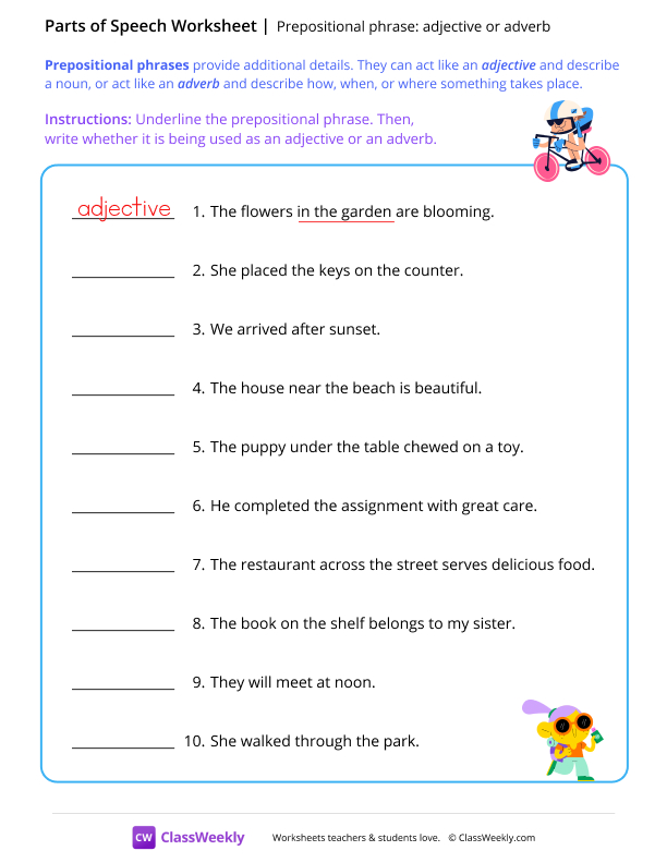 Prepositional phrase (adjective or adverb) worksheet preview