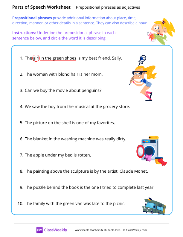 Prepositional phrases as adjectives - Flying worksheet preview