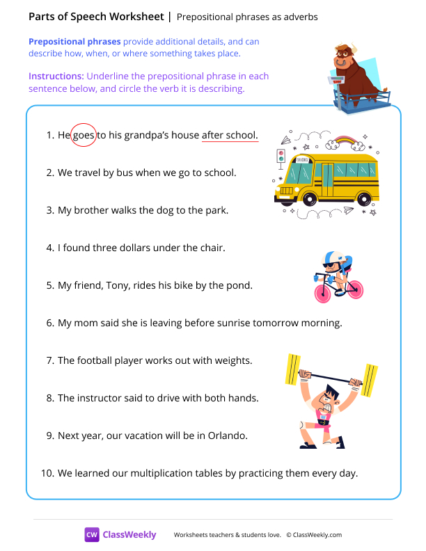 Prepositional phrases as adverbs - Bull worksheet preview
