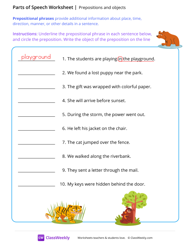 Prepositions and objects - Bear worksheet preview
