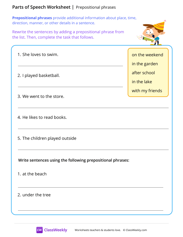 Prepositional phrases - Excited worksheet preview
