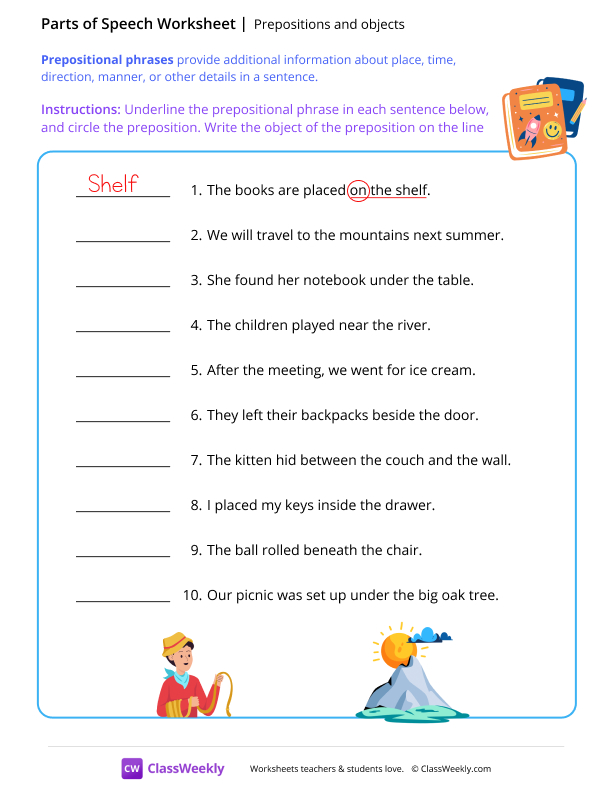 Prepositions and objects worksheet preview