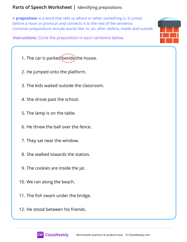 Identifying prepositions - Chimney worksheet preview