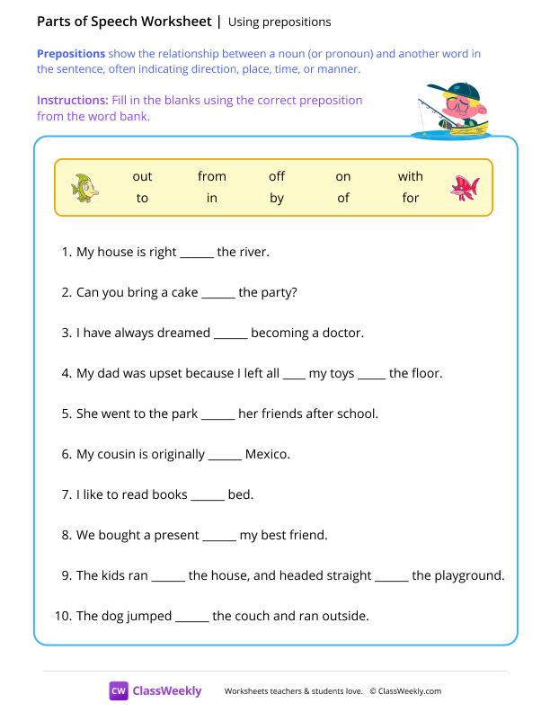 Using prepositions - Fishing worksheet preview