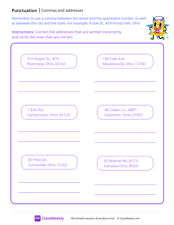 Commas and Addresses - Shopping Bag worksheet preview