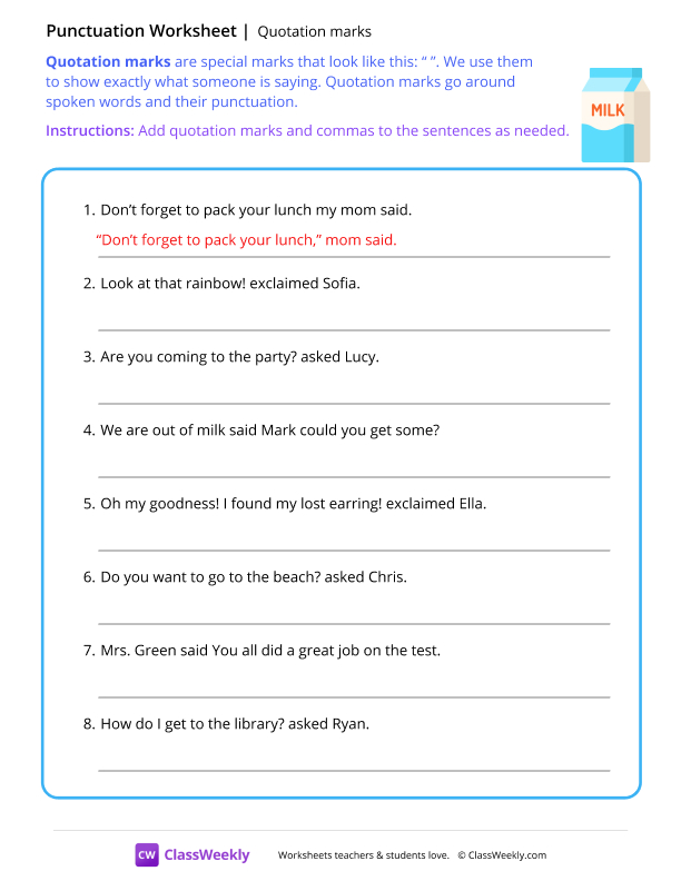 Quotation Marks - Milk worksheet preview