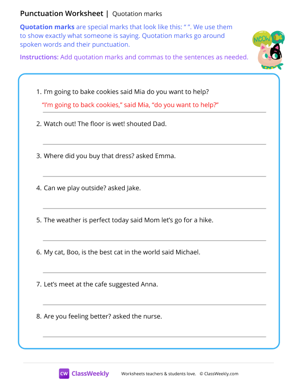 Quotation Marks - Cat worksheet preview