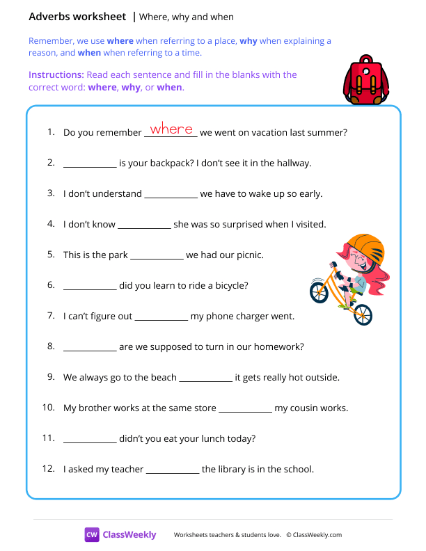 Where, why and when - Backpack worksheet preview