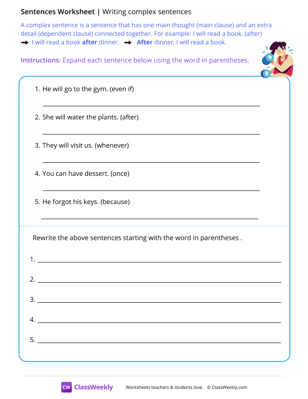 Writing complex sentences - Gym worksheet preview
