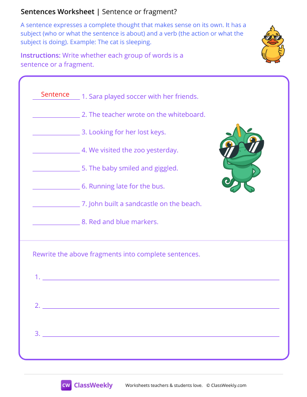 Sentences or Fragments - Cool Duck worksheet preview