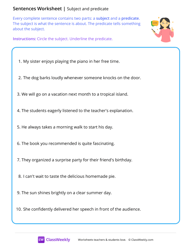 Subject and predicate - Speech worksheet preview