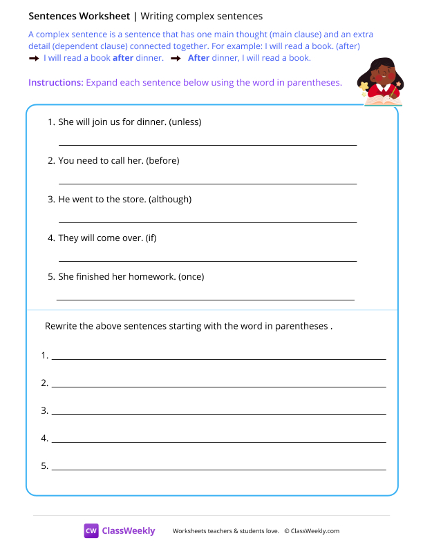 Writing complex sentences - Homework worksheet preview