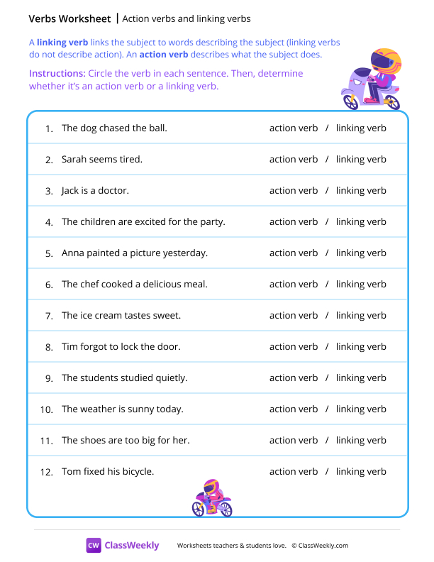 Action verbs and linking verbs worksheet preview