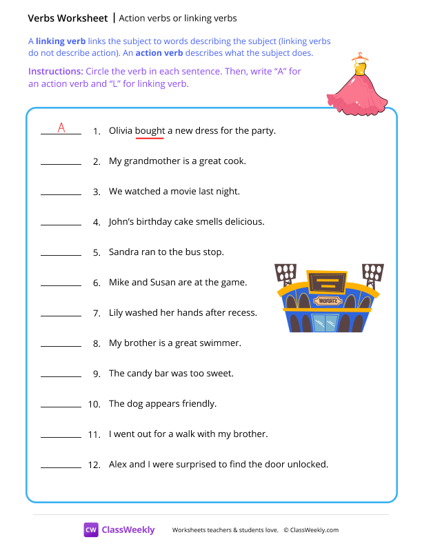 Action verbs or linking verbs - Dress worksheet preview