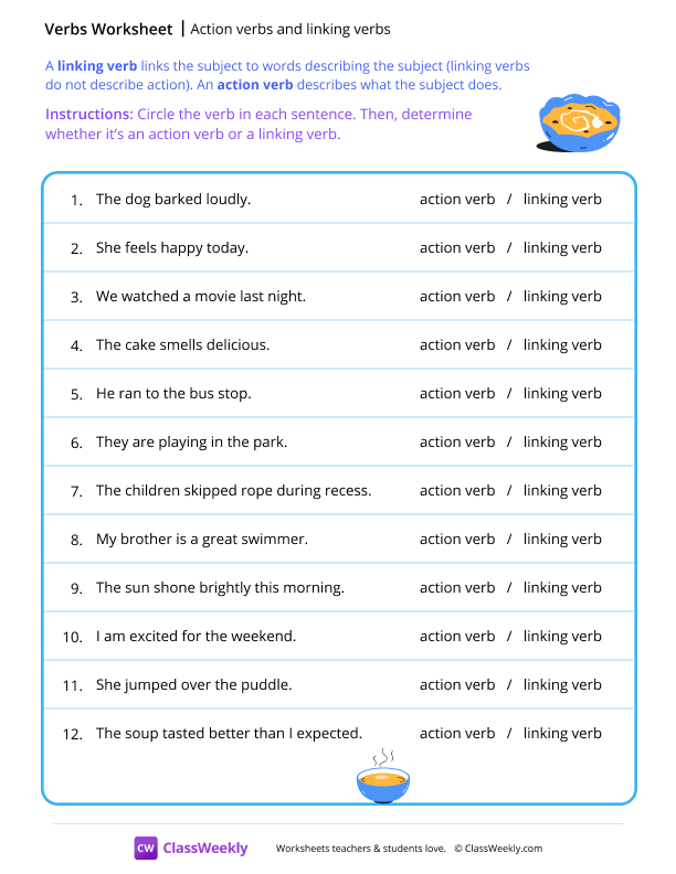 Action verbs and linking verbs - Soup worksheet preview