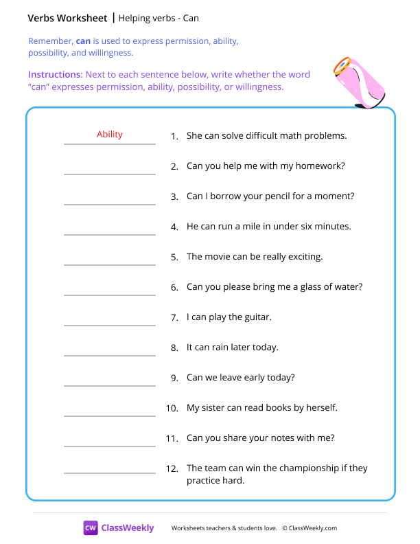 Helping verbs - Can worksheet preview