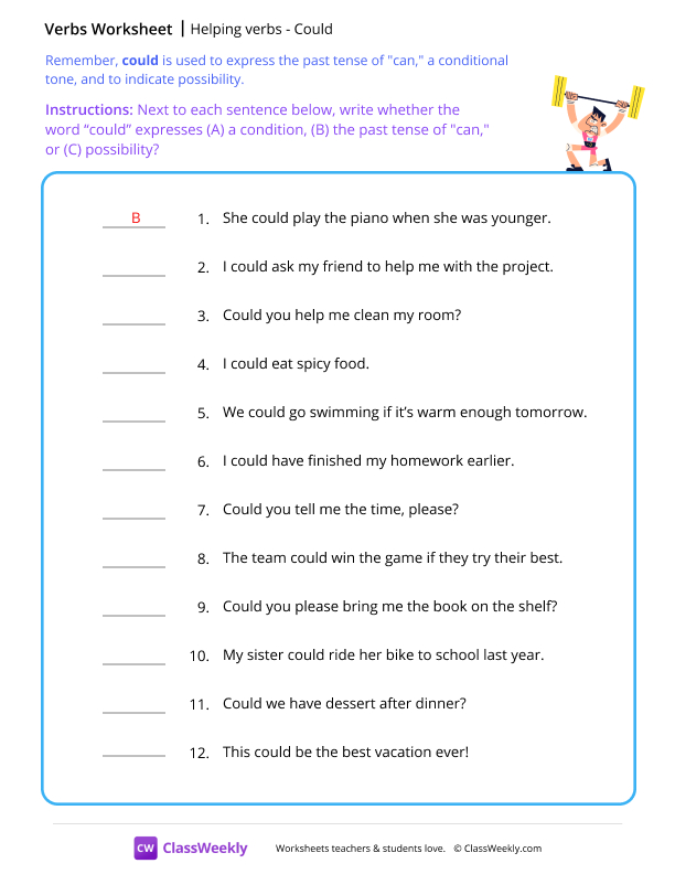 Helping verbs - Could worksheet preview