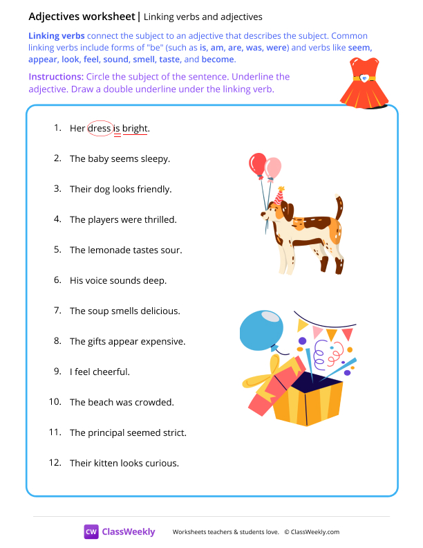 Linking verbs and adjectives - Dress worksheet preview