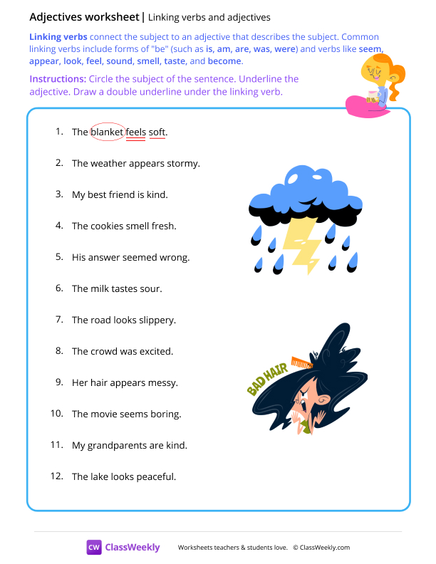 Linking verbs and adjectives - Blanket worksheet preview
