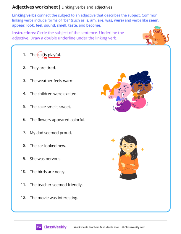 Linking verbs and adjectives - Paint worksheet preview