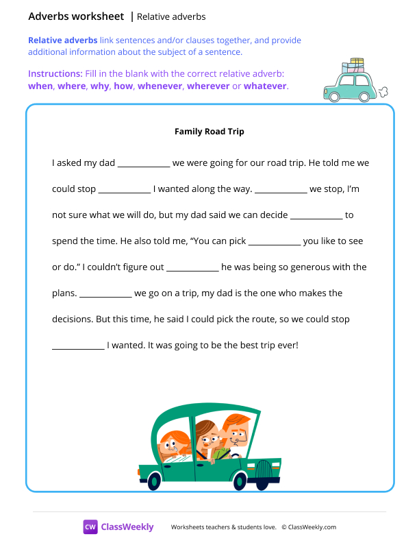 Relative adverbs - Trip worksheet preview