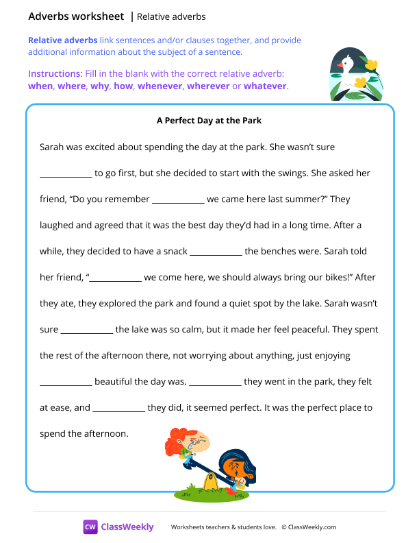 Relative adverbs - Park worksheet preview