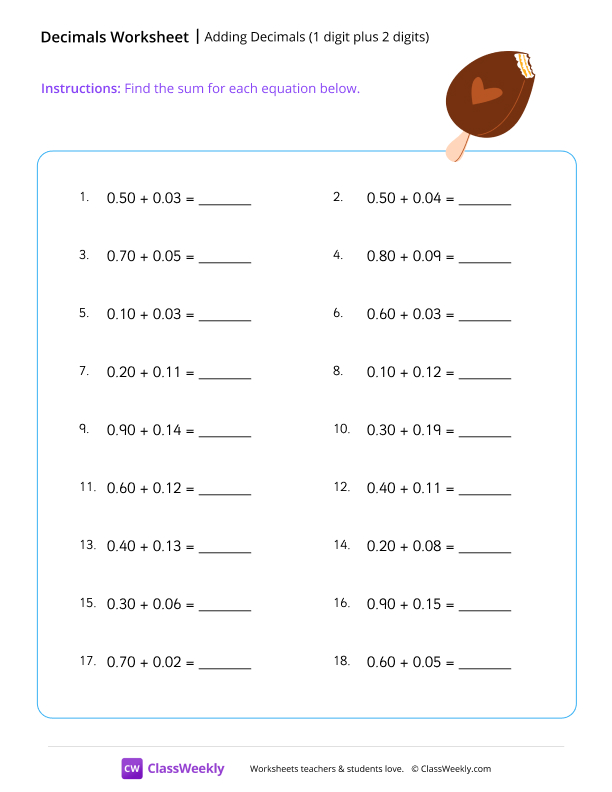Adding Decimals (1 digit plus 2 digits) - Ice cream worksheet preview
