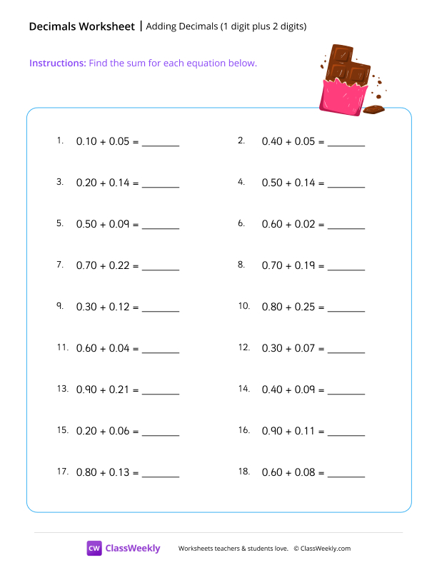 Adding Decimals (1 digit plus 2 digits) worksheet preview