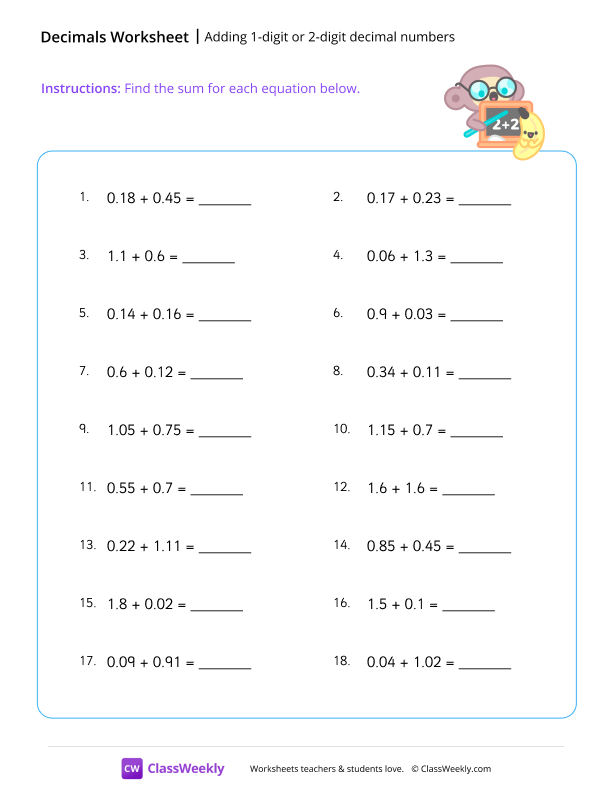 Adding decimals (1 or 2 decimal digits) - School worksheet preview