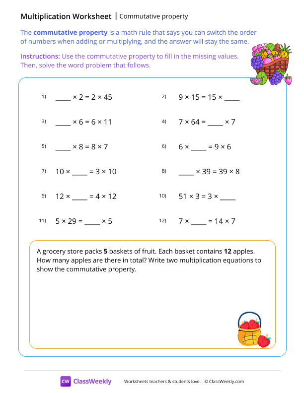 Commutative property - Fruit worksheet preview