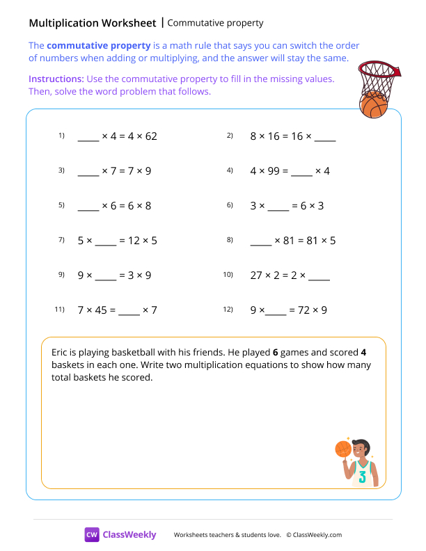 Commutative property - Basketball worksheet preview