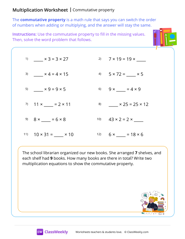 Commutative property - Books worksheet preview