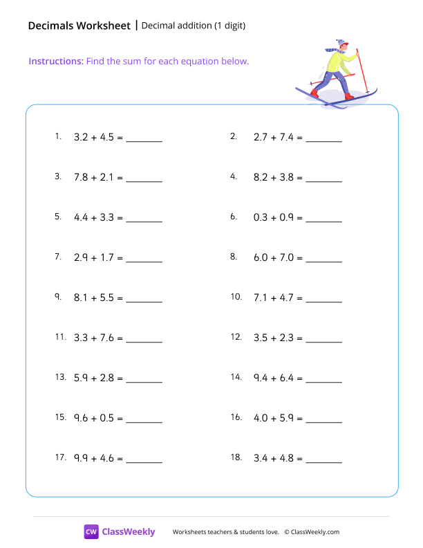 Decimal addition (1 digit) worksheet preview