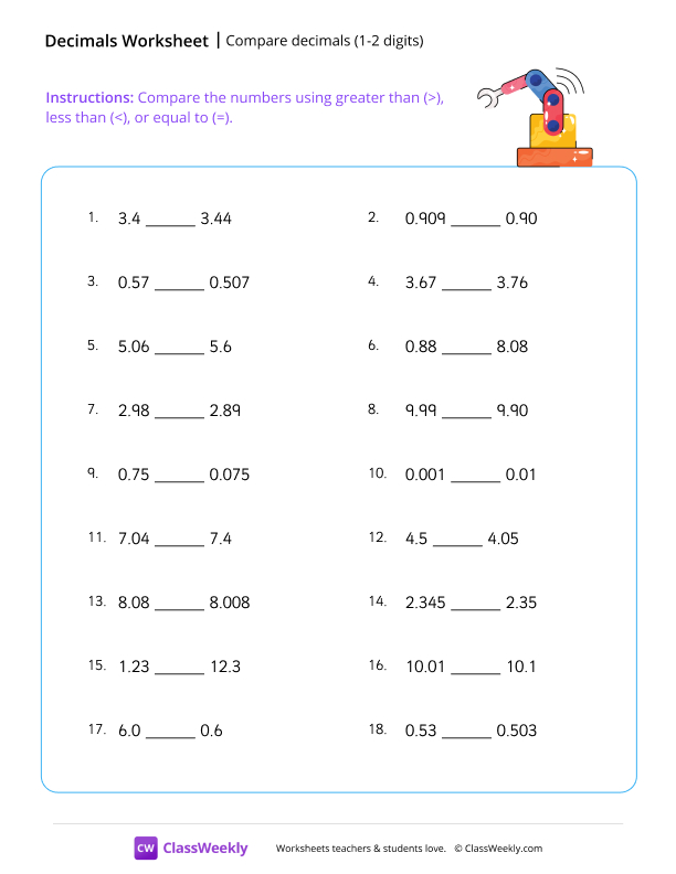 Compare decimals (1-2 digits) - Robot worksheet preview