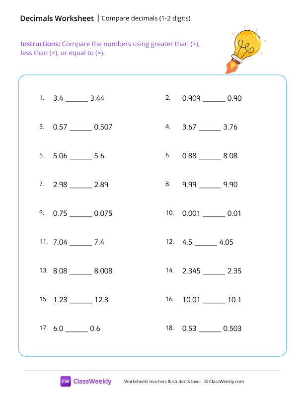 Compare decimals (1-2 digits) worksheet preview