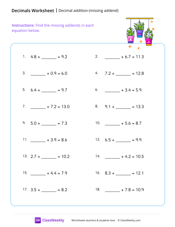Decimal addition (missing addend) - Plants worksheet preview