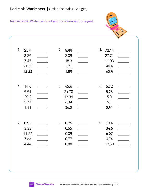 Order decimals (1-2 digits) worksheet preview