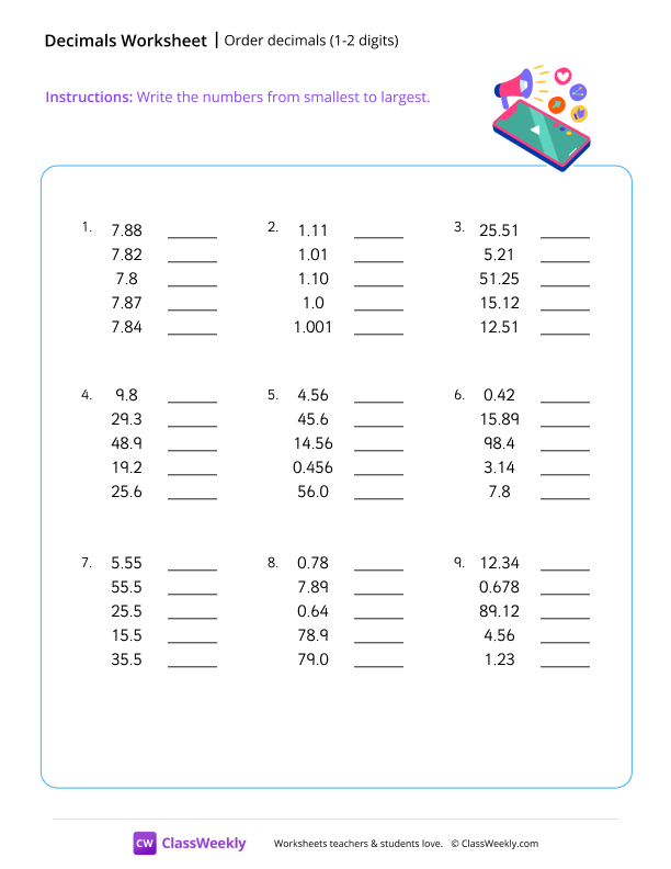 Order decimals (1-2 digits) - Social worksheet preview