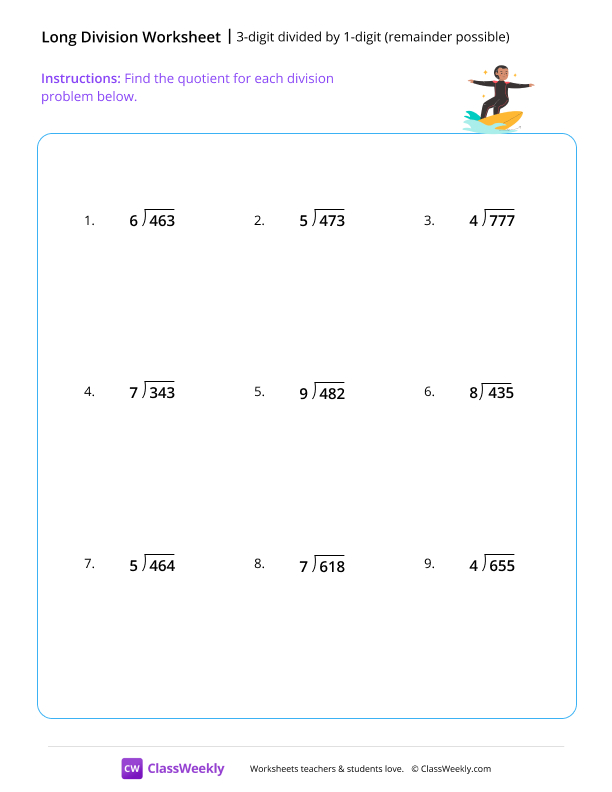 3-digit divided by 1-digit (remainder possible) - Surfing worksheet preview