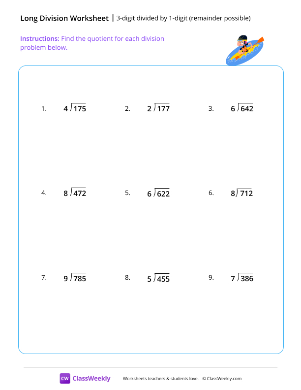 3-digit divided by 1-digit (remainder possible) worksheet preview
