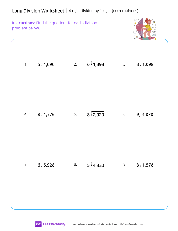 4-digit divided by 1-digit (no remainder) - Windsurfing worksheet preview
