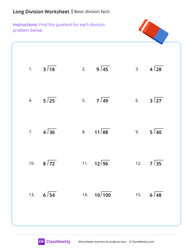 Basic division facts worksheet preview
