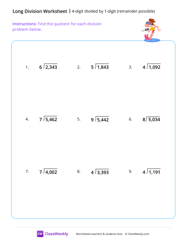 4-digit divided by 1-digit (remainder possible) worksheet preview