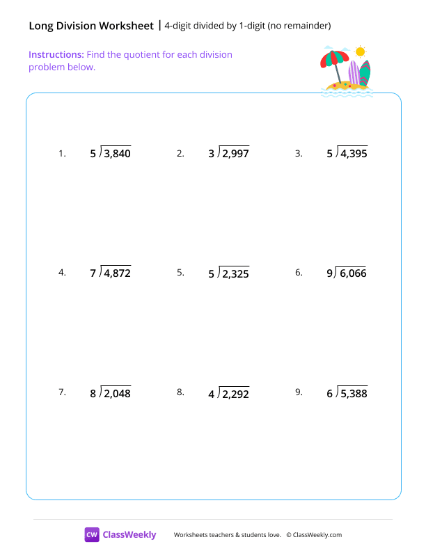 4-digit divided by 1-digit (no remainder) worksheet preview