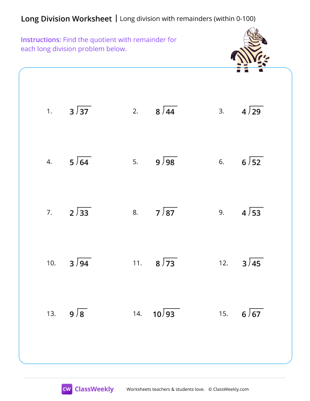 Long division with remainders (within 0-100) - Zebra worksheet preview