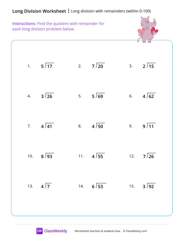 Long division with remainders (within 0-100) worksheet preview
