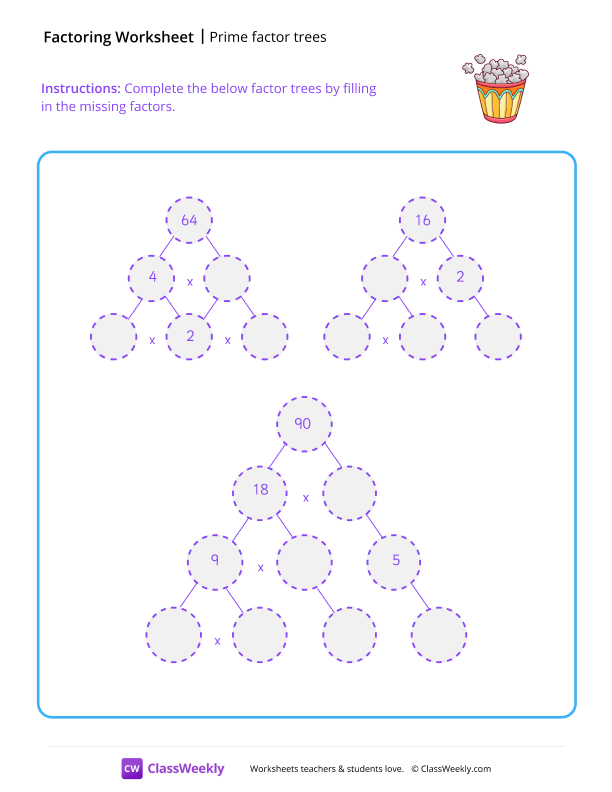 Prime Factor Trees - Popcorn worksheet preview